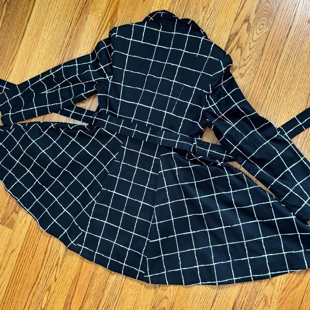 Monroe & Main Preppy Black White Plaid Double-breasted Peplum Swing Trench Coat - Picture 12 of 16
